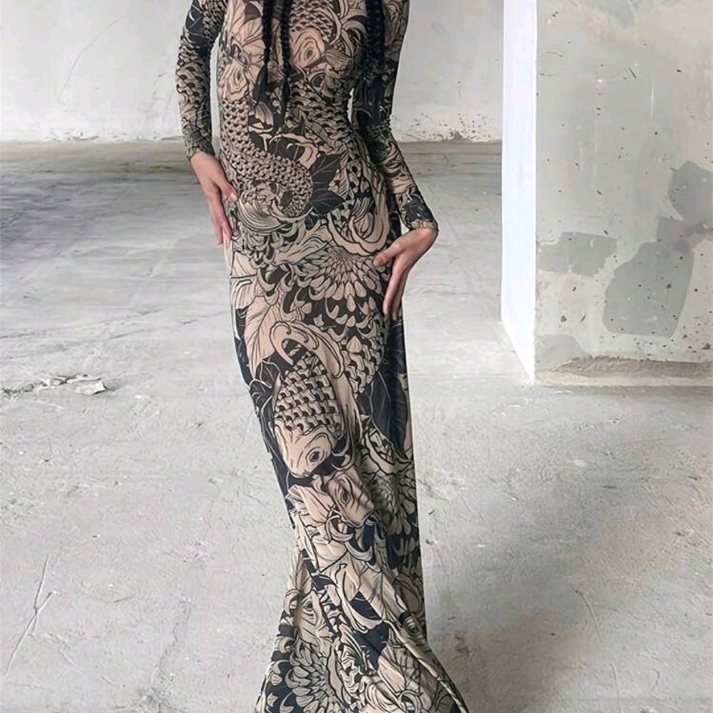 Elegant Black and Tan Long Sleeve Dress